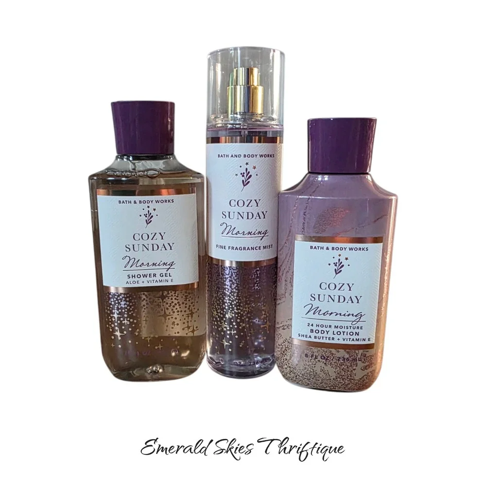Bath and body works cozy Sunday morning mist, gel, and cream free ship
